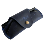 Small Soft Leather Eye Glasses Case in Navy Blue, angled view with sunglasses temples visible poking out