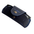 Small Soft Leather Eye Glasses Case in Navy Blue, angled view with black-framed eyeglasses tucked inside