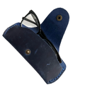 Small Soft Leather Eye Glasses Case in Navy Blue, open, angled top view with black-framed eyeglasses inside