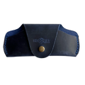 Small Soft Leather Eye Glasses Case in Navy Blue, closed, front view with embossed Hedonist logo and snap closure