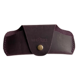 Small Soft Leather Eye Glasses Case in Plum, closed, front view with embossed Hedonist logo and snap closure