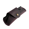 Small Soft Leather Eye Glasses Case in Plum, angled view with sunglasses temples visible poking out both sides