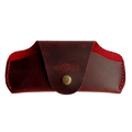 Small Soft Leather Eye Glasses Case in Red, closed, front view with embossed Hedonist logo and snap closure