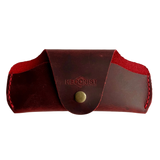 Small Soft Leather Eye Glasses Case in Red, closed, front view with embossed Hedonist logo and snap closure