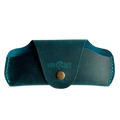 Small Soft Leather Eye Glasses Case in Teal, closed, front view with embossed Hedonist logo and snap closure
