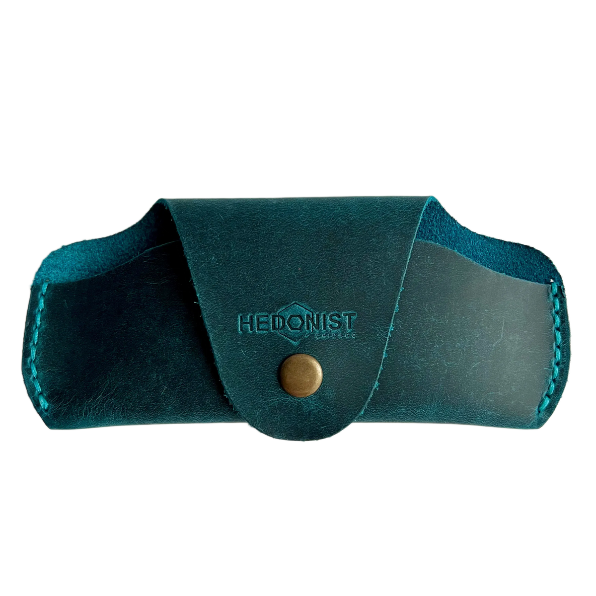 Small Soft Leather Eye Glasses Case in Teal, closed, front view with embossed Hedonist logo and snap closure