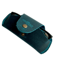 Small Soft Leather Eye Glasses Case in Teal, angled view with black-framed eyeglasses tucked inside