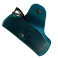 Small Soft Leather Eye Glasses Case in Teal, open, angled top view with black-framed eyeglasses inside