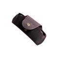 Small Soft Leather Eye Glasses Case in Plum, open, angled top view with black-framed eyeglasses inside