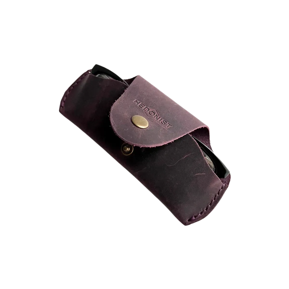 Small Soft Leather Eye Glasses Case in Plum, open, angled top view with black-framed eyeglasses inside