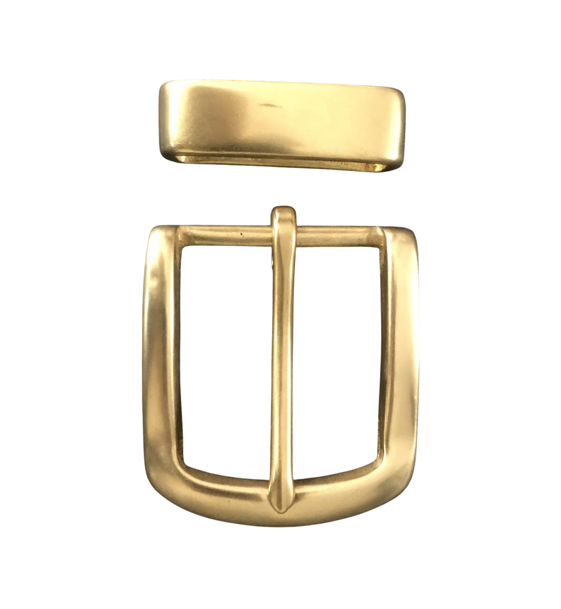 Square polished brass belt buckle, front view