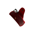 Small Soft Leather Eye Glasses Case in Red, open, angled top view with black-framed eyeglasses inside