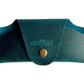 Small Soft Leather Eye Glasses Case in Teal, closed, front view with embossed Hedonist logo and snap closure