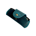 Small Soft Leather Eye Glasses Case in Teal, angled view with black-framed eyeglasses tucked inside