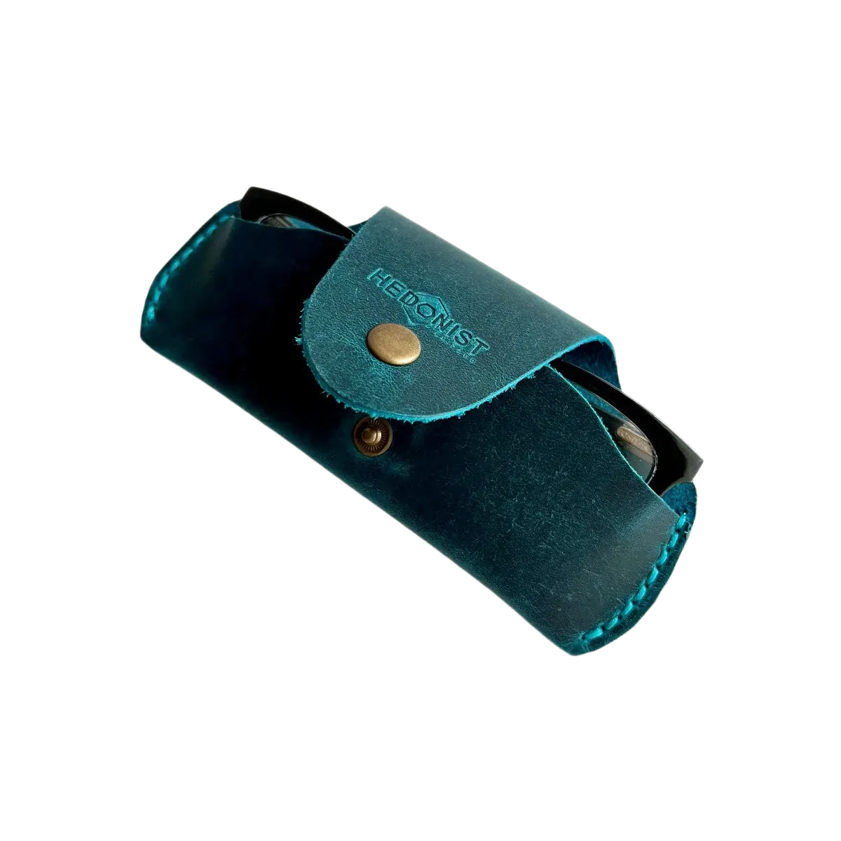 Small Soft Leather Eye Glasses Case in Teal, angled view with black-framed eyeglasses tucked inside