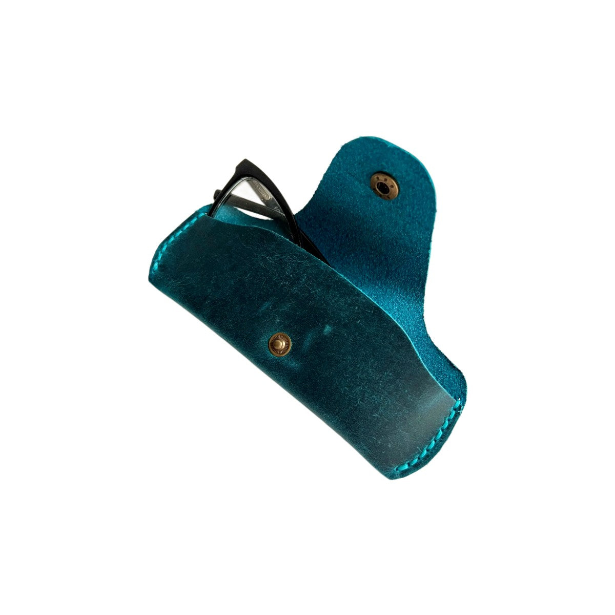 Small Soft Leather Eye Glasses Case in Teal, open, angled top view with black-framed eyeglasses inside
