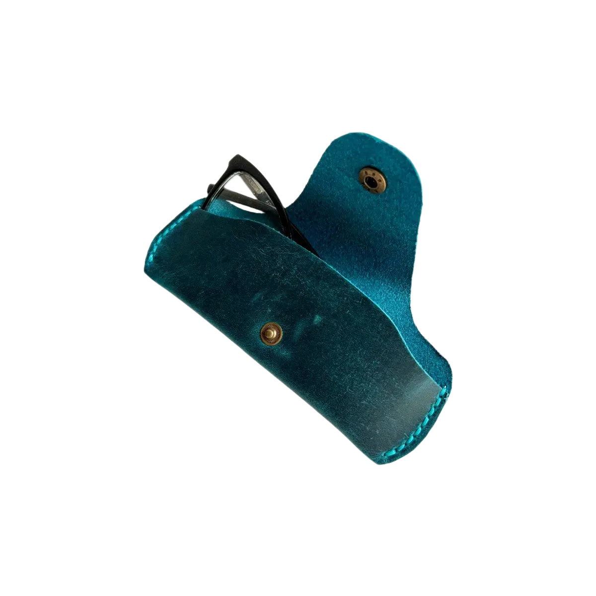 Small Soft Leather Eye Glasses Case in Teal, open, angled top view with black-framed eyeglasses inside