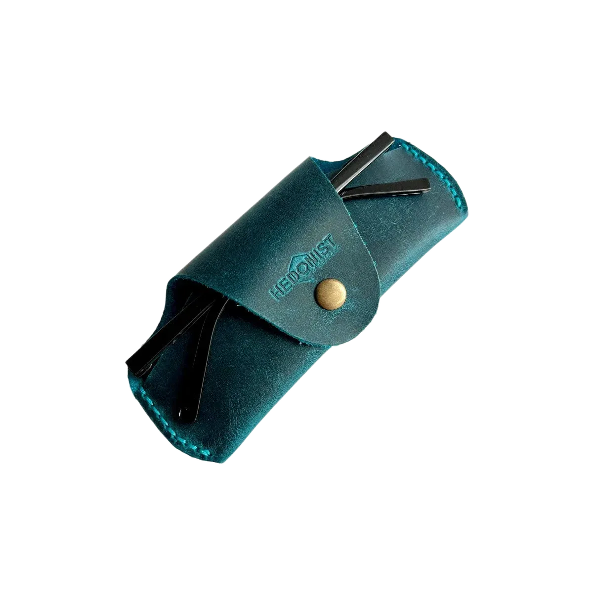 Small Soft Leather Eye Glasses Case in Teal, angled view with sunglasses temples visible poking out