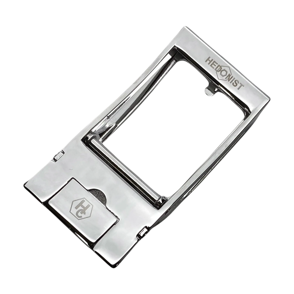 Steel ratchet belt buckle, 1.38 inch, back locking system close-up