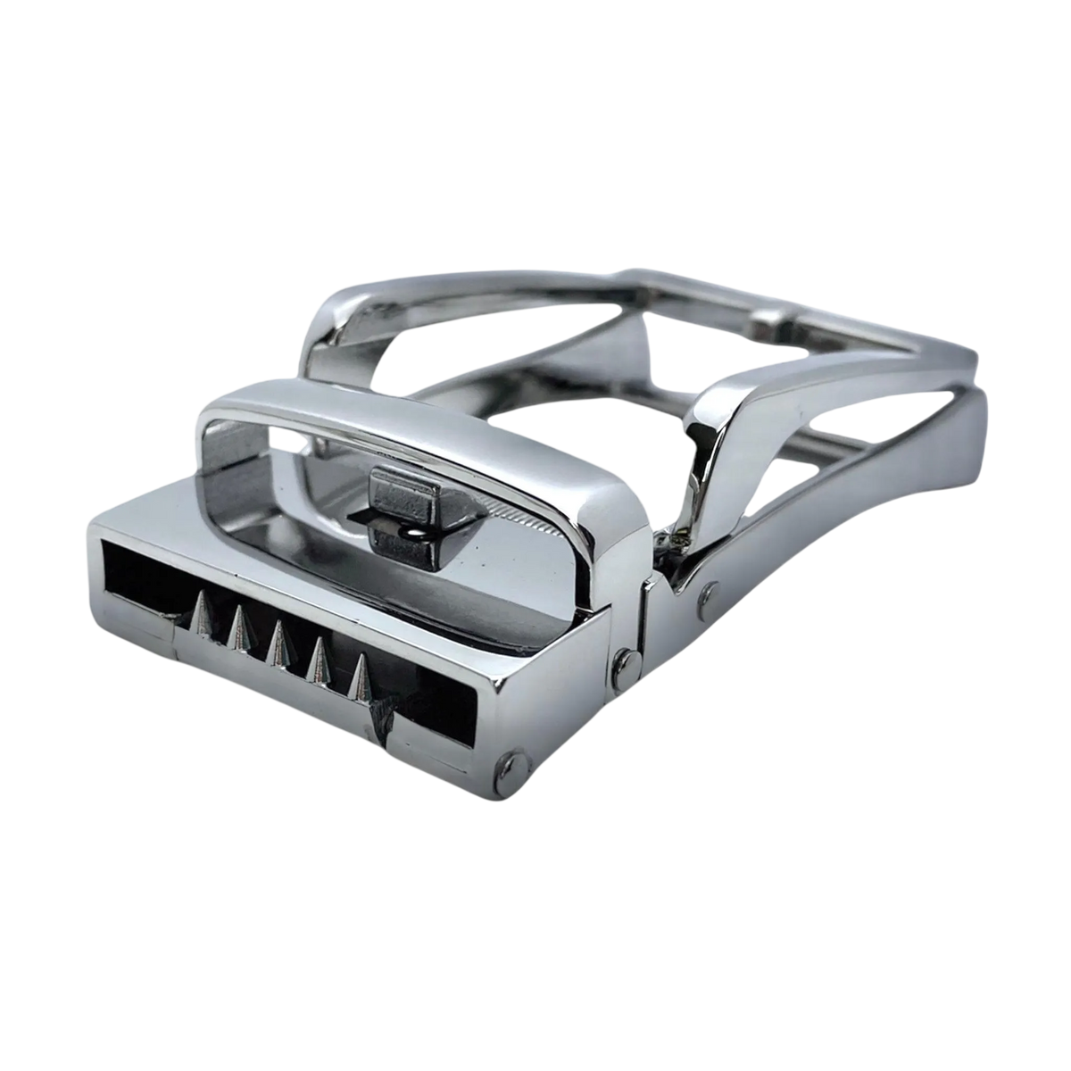 Steel ratchet belt buckle, 1.38 inch, side profile view