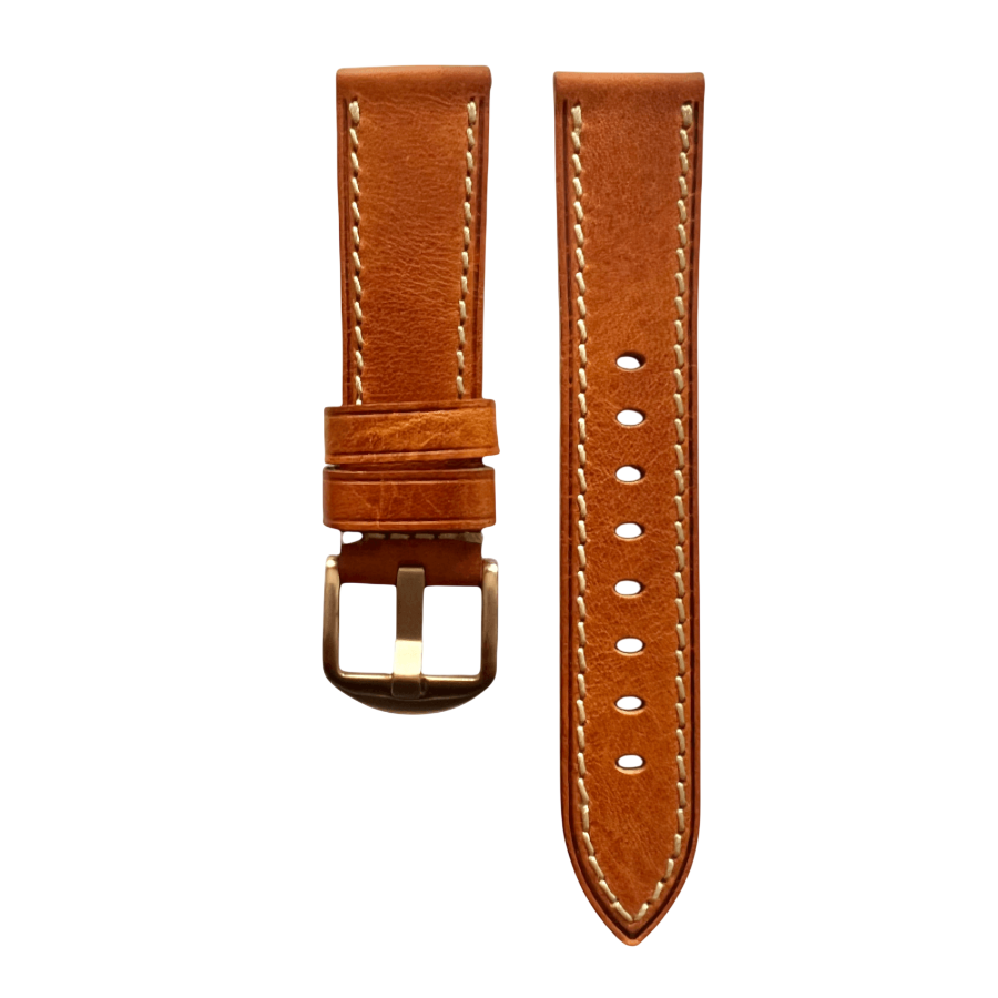 Tan flat leather Apple Watch band with buckle and holes