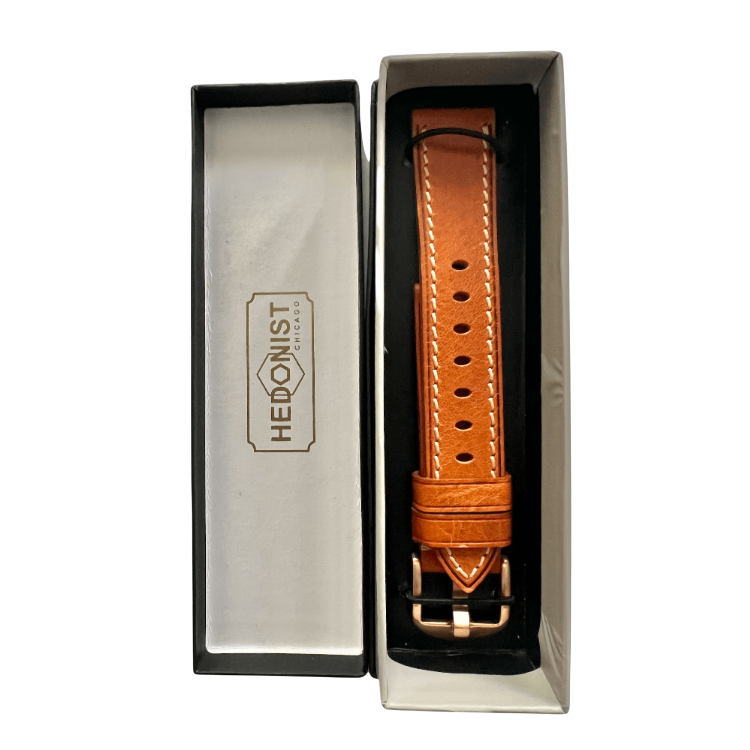 Tan flat leather Apple Watch band, front view