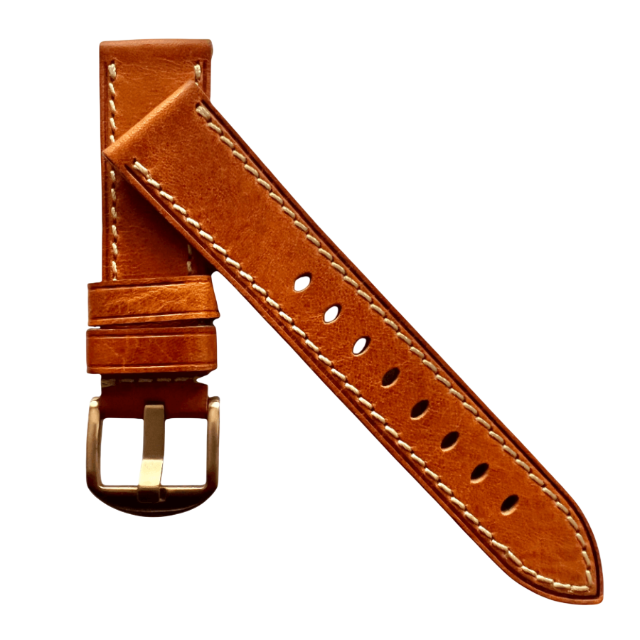 Tan flat leather Apple Watch band presented in gift box
