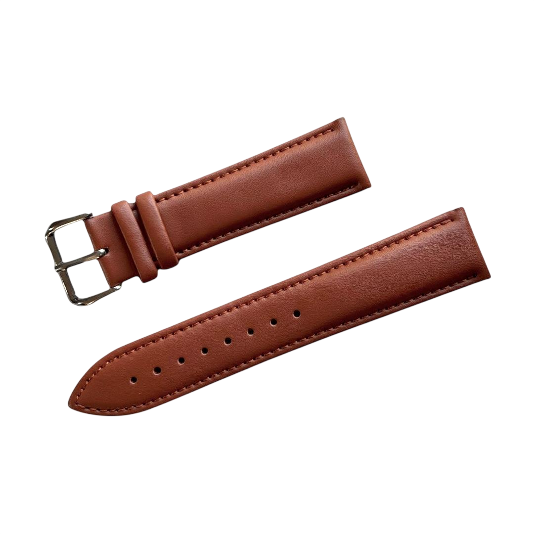Tan top-grain leather watch band, buckle detail close-up