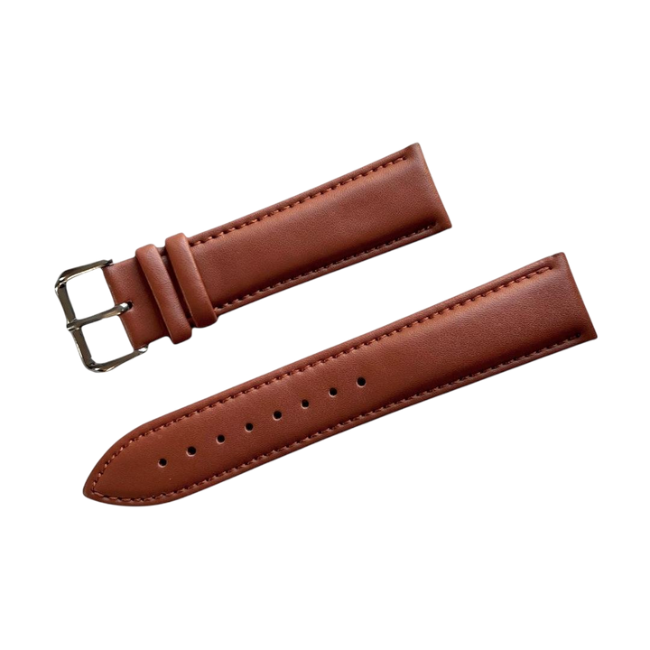 Tan top-grain leather watch band, buckle detail close-up