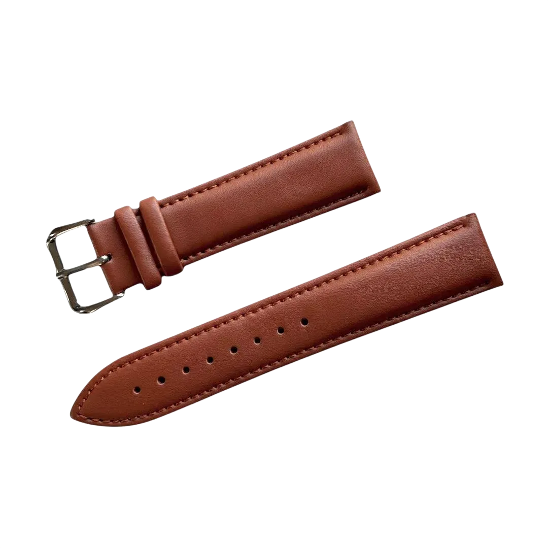 Tan top-grain leather watch band, buckle detail close-up