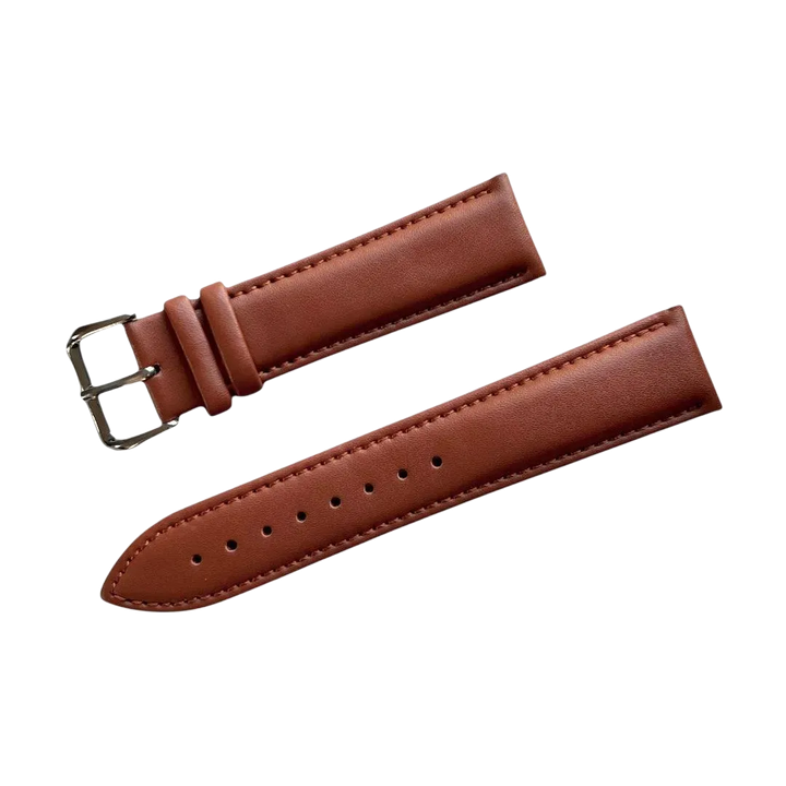 Tan top-grain leather watch band, buckle detail close-up
