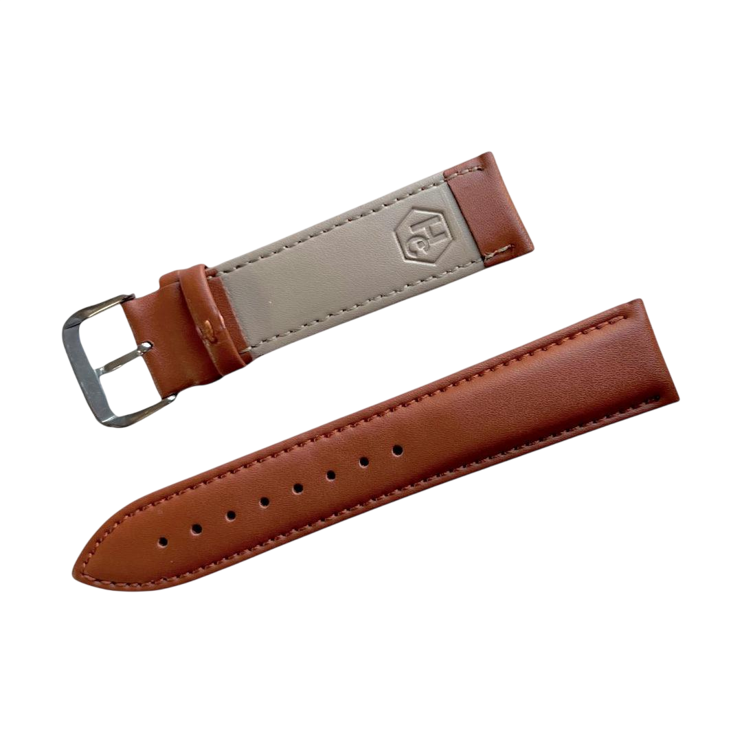 Tan top-grain leather watch band, front view