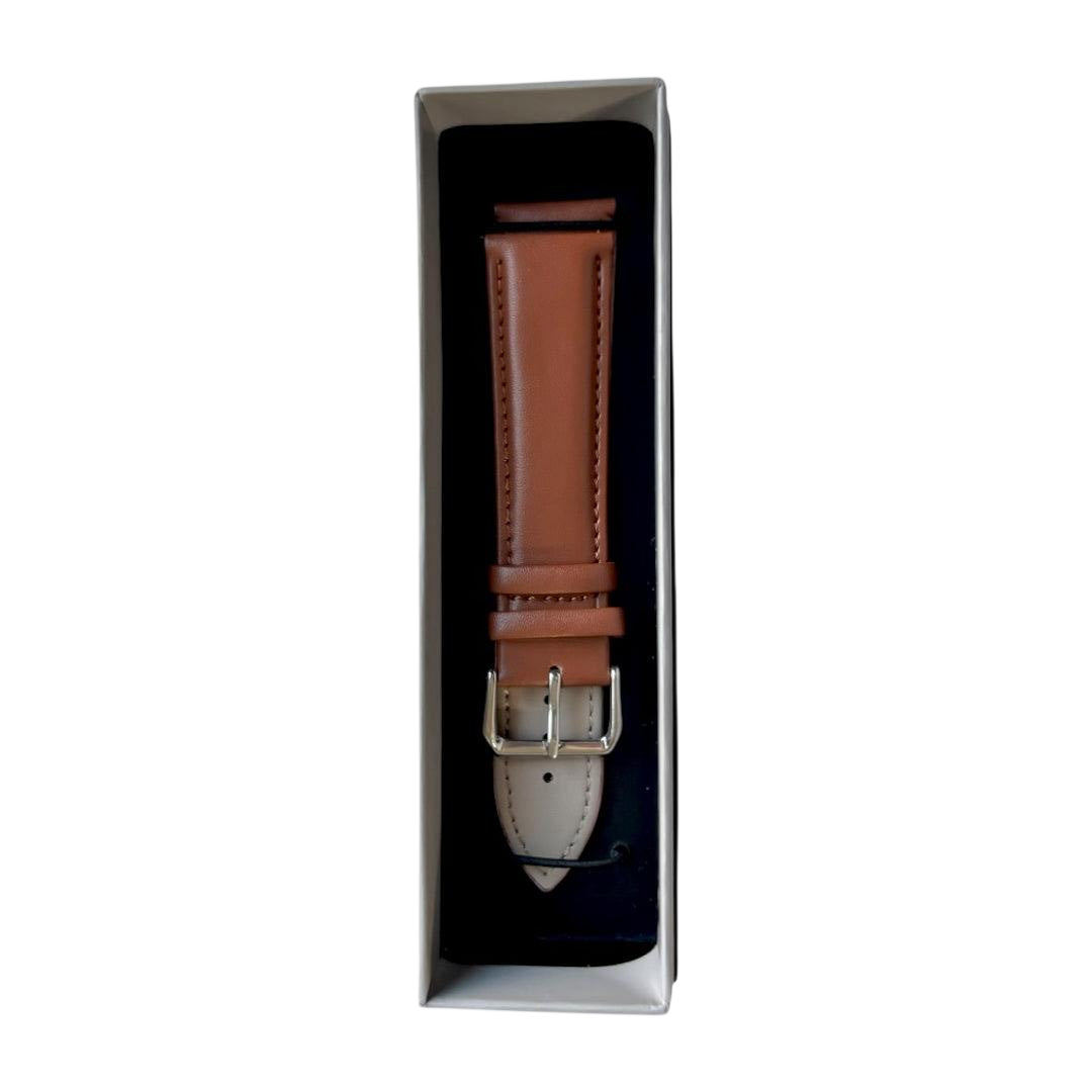 Tan top-grain leather watch band, stitching detail close-up