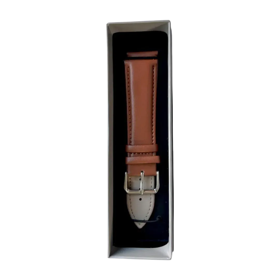 Tan top-grain leather watch band, stitching detail close-up