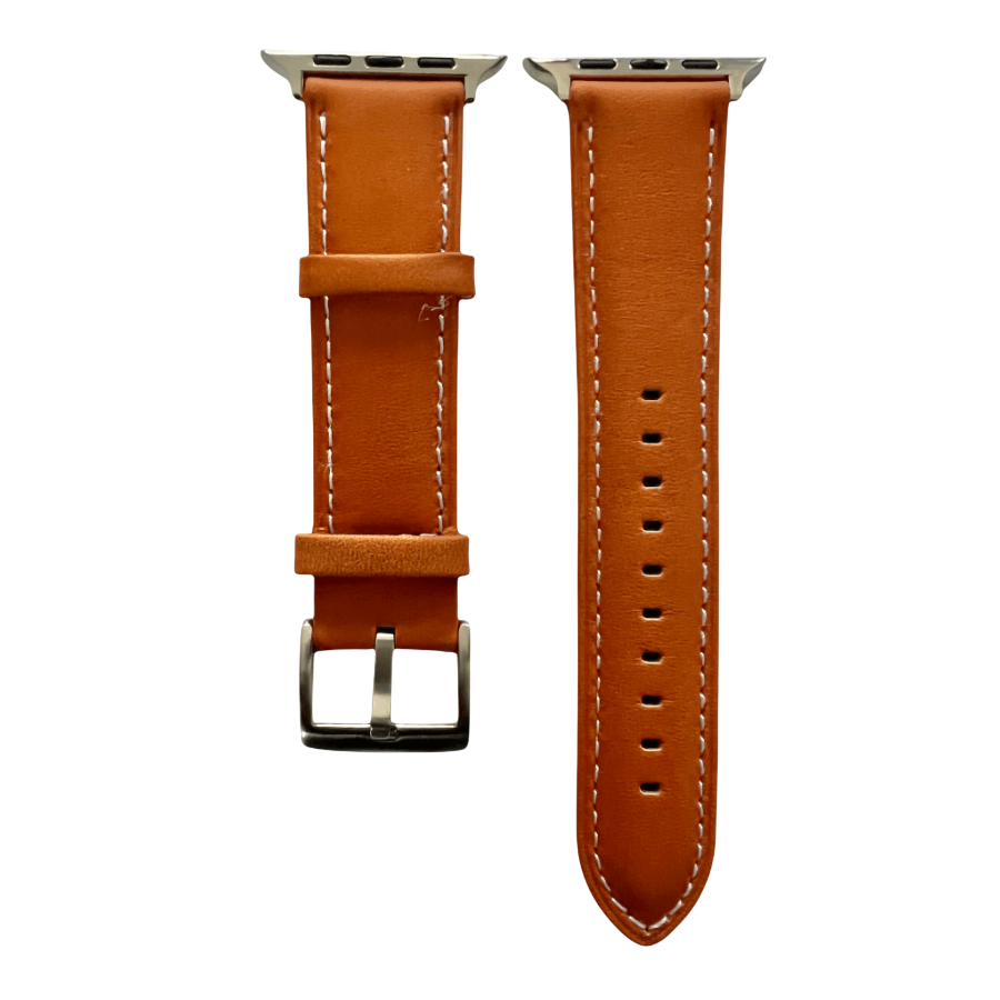 Tan padded leather Apple Watch band, two-piece strap with buckle and holes