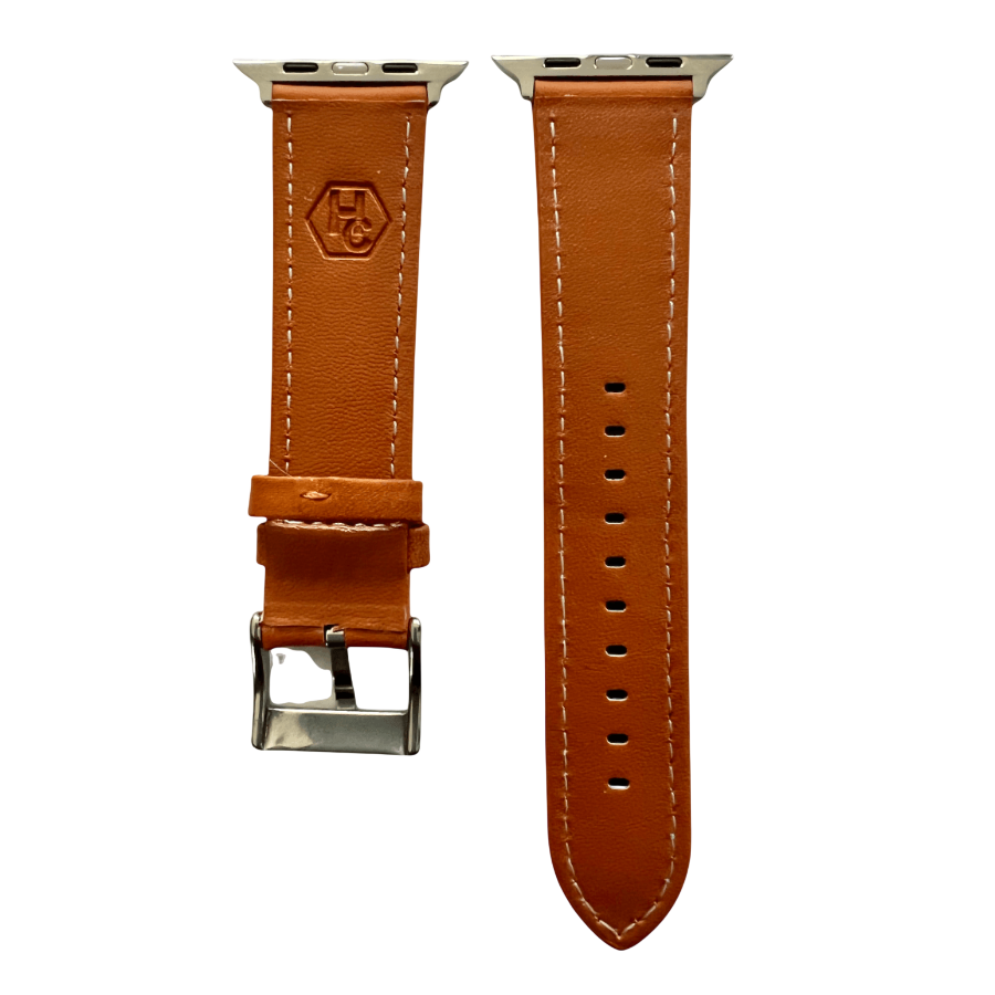Tan padded leather Apple Watch band, side view with stainless steel lugs