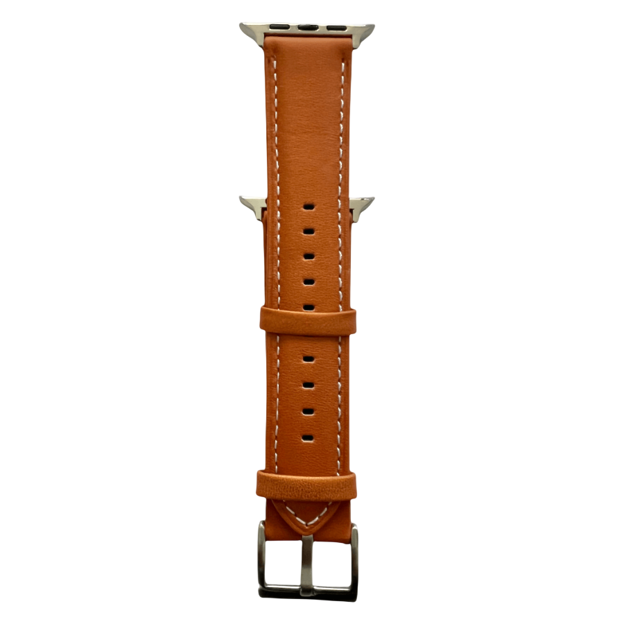 Tan padded leather Apple Watch band, connector and stitching detail