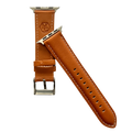 Tan padded leather Apple Watch band, texture and buckle detail close-up