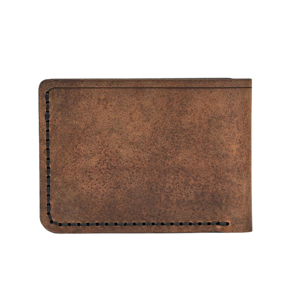 Handmade tan pull-up leather bifold wallet, 4 card slots, back view