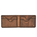 Handmade tan pull-up leather bifold wallet, 4 card slots, open showing cards
