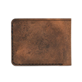 Handmade tan pull-up leather bifold wallet, 6 card slots, back view