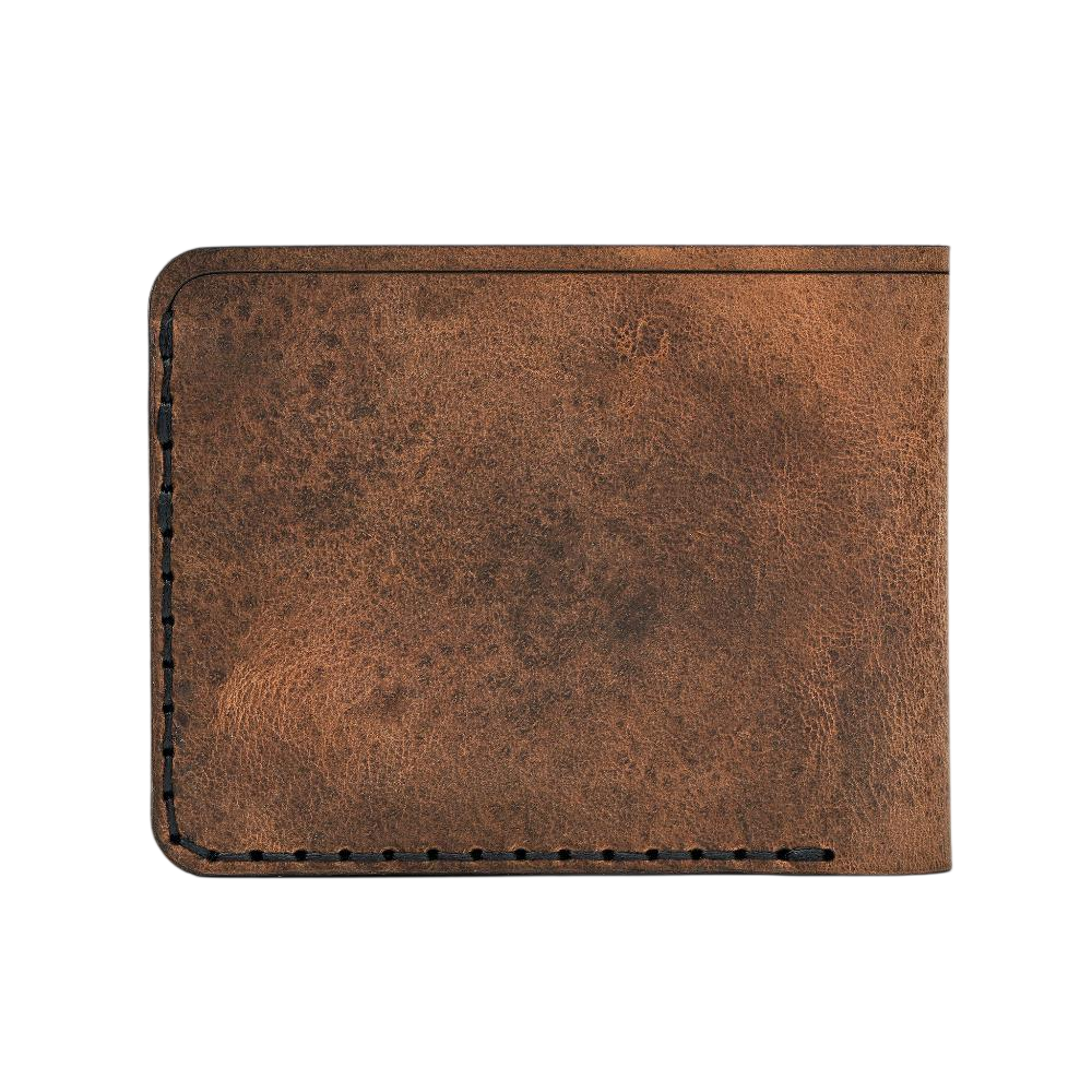 Handmade tan pull-up leather bifold wallet, 6 card slots, back view