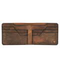 Handmade tan pull-up leather bifold wallet, 6 card slots, open showing cards