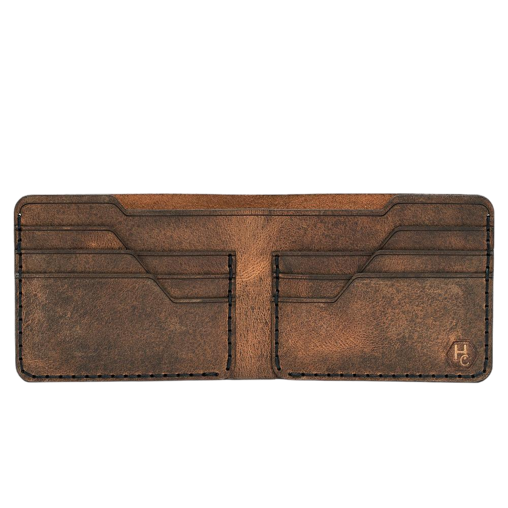Handmade tan pull-up leather bifold wallet, 6 card slots, open showing cards
