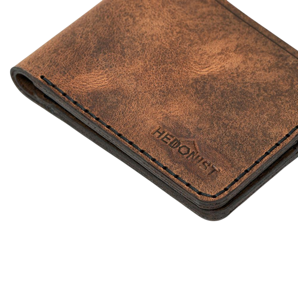 Handmade tan pull-up leather bifold wallet, 6 card slots, by Hedonist Chicago