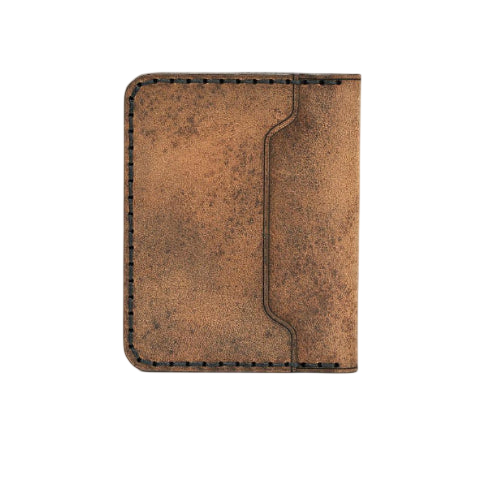 Handmade tan pull-up leather bifold wallet with ID slot, back view