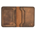 Handmade tan pull-up leather bifold wallet with ID slot, open showing cards