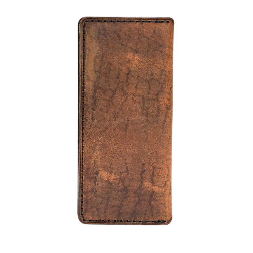 Handmade tan pull-up leather card holder, 8 card slots, back view