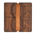 Handmade tan pull-up leather card holder, 8 card slots, open showing cards
