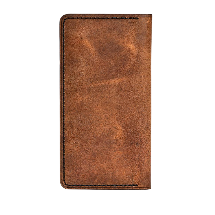 Handmade tan pull-up leather card holder, 12 card slots, back view